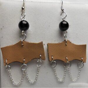 No.1135 Handmade earrings with leather pieces 2 1/2 inches long